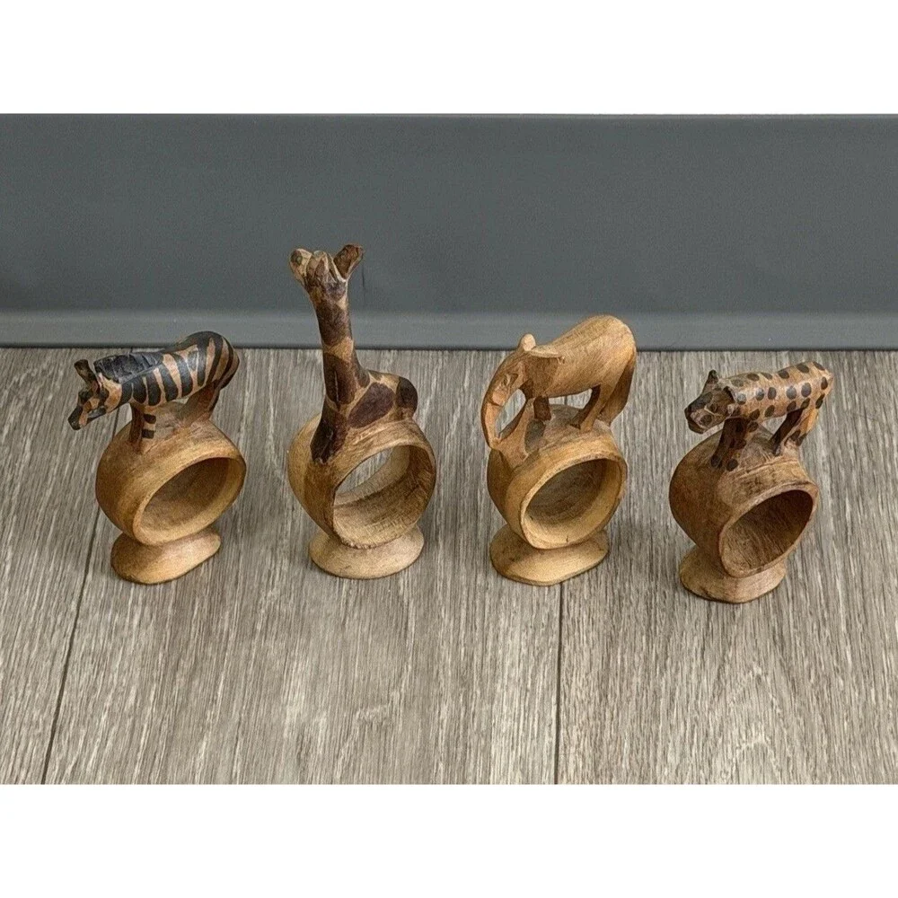 Vintage set of 4 Hand Carved Wooden African Safari Animal Napkin Ring Holders